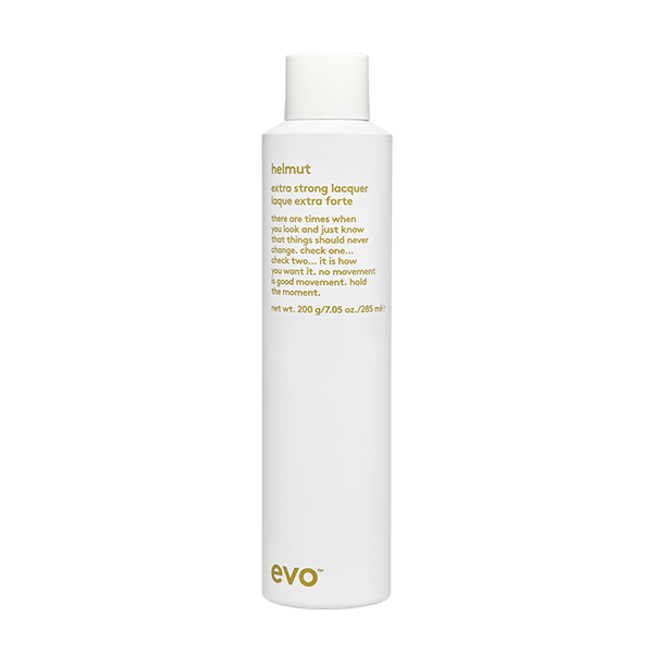Evo Helmut Extra Strong Laquer vegan / cruelty free / made without sulfates, parabens or gluten. This hairspray provides extra strong lacquer for extreme hold, control and shine that brushes out without residue. 