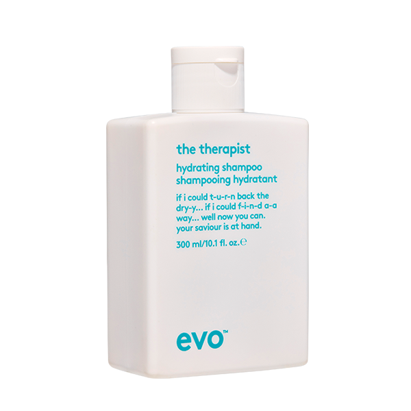 EVO The Therapist Daily Shampoo 10.1 oz. vegan / cruelty free / made without sulfates, parabens or gluten. Concept • a hydrating shampoo to cleanse, moisturise and strengthen hair. Benefits • helps add softness and shine, reduces frizz, helps detangle and improve manageability, sulfate-free cleansers’ gently clean to reduce colour fading. 