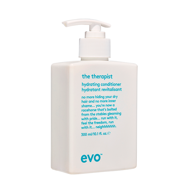 EVO The Therapist Daily Shampoo 10.1 oz. | 33.8 oz. vegan / cruelty free / made without sulfates, parabens or gluten. Concept: a hydrating conditioner to moisturise, strengthen and soften while greatly improving shine and manageability. Benefits: helps seal cuticle to prevent moisture loss and provide humidity control, adds softness and shine, while helping to detangle and improve manageability. 