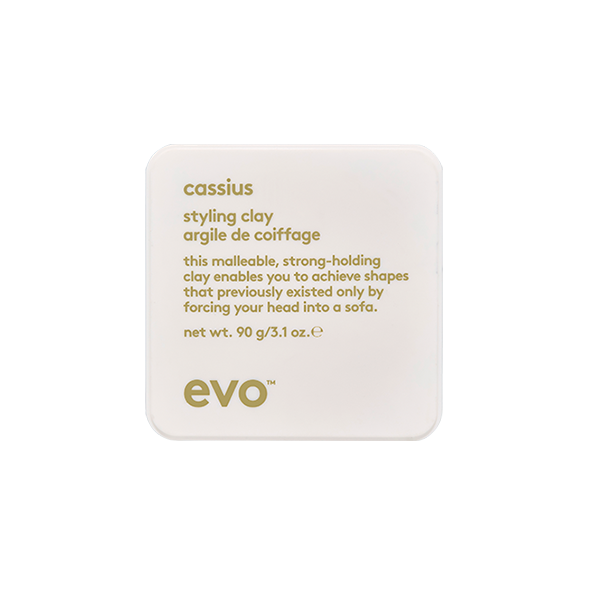 EVO Cassius Styling Clay 3.1 oz. vegan / cruelty free / made without sulfates, parabens or This clay that provides raw texture and strong malleable hold with a matte finish. It creates structured looks that remain in place. creates touchable texture and builds body.