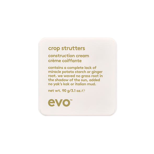 EVO Crop Stutters Construction Cream 3.1 oz. vegan / cruelty free / made without sulfates, parabens or gluten. This styling cream for medium, malleable hold, support and separation provides medium shine. This cream improves styling, definition and flexible hold. 