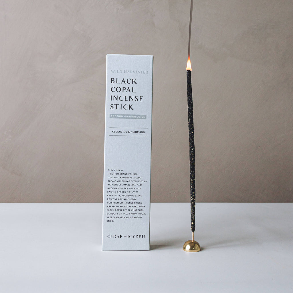 Black Copal Incense Stick by Cedar and Myrrh.  Black Copal (Mayan Copal) has been used by Indigenous Amazonian and Andean healers to create sacred spaces, to invite creativity, abundance, and positive loving energy. Fill your space with the loving, warm energy. These insence sticks will bring you peace and tranquility.