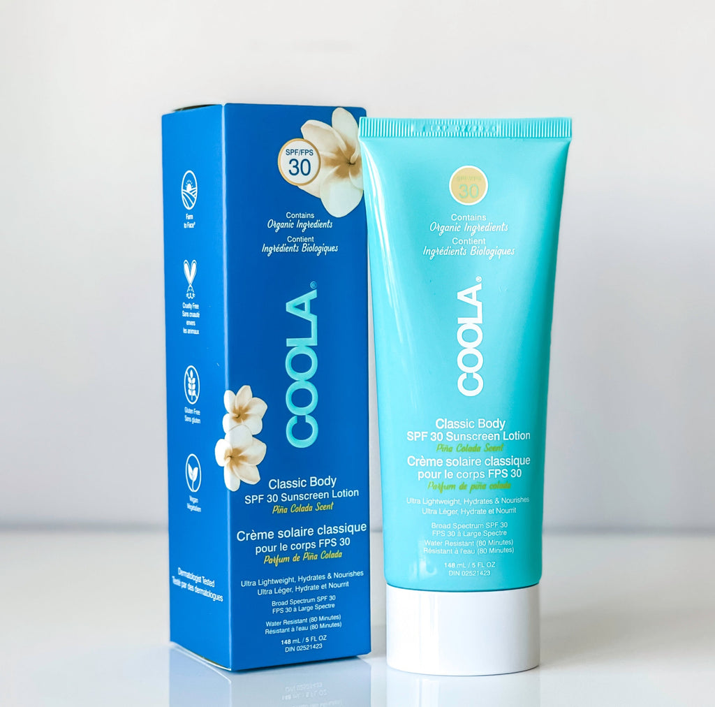 Coola Pina Colada Lotion SPF 50 Lotion organic face & body sunscreen Canada. Designed for long days in the sun but light enough for daily use. Its broad spectrum UVA/UVB protection, antioxidant-rich moisturizing lotion has a plant-based oleosome technology that optimizes protection that's unbelievably sheer on skin.