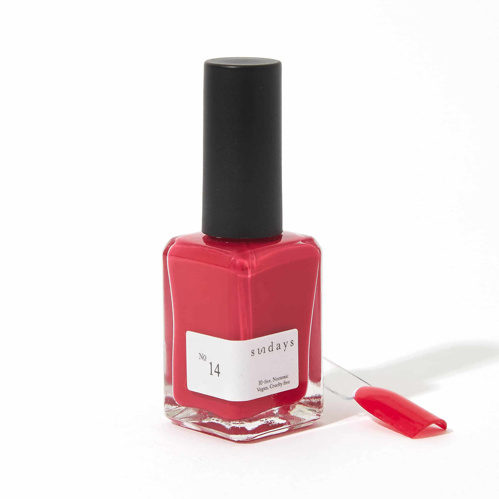 Sundays nail polish in Canada. Non-toxic, 10 free and vegan beauty. Beautiful variety of colours. A deep fuchsia red pink colour for your fingertips. So pretty and beautiful punch of colour.