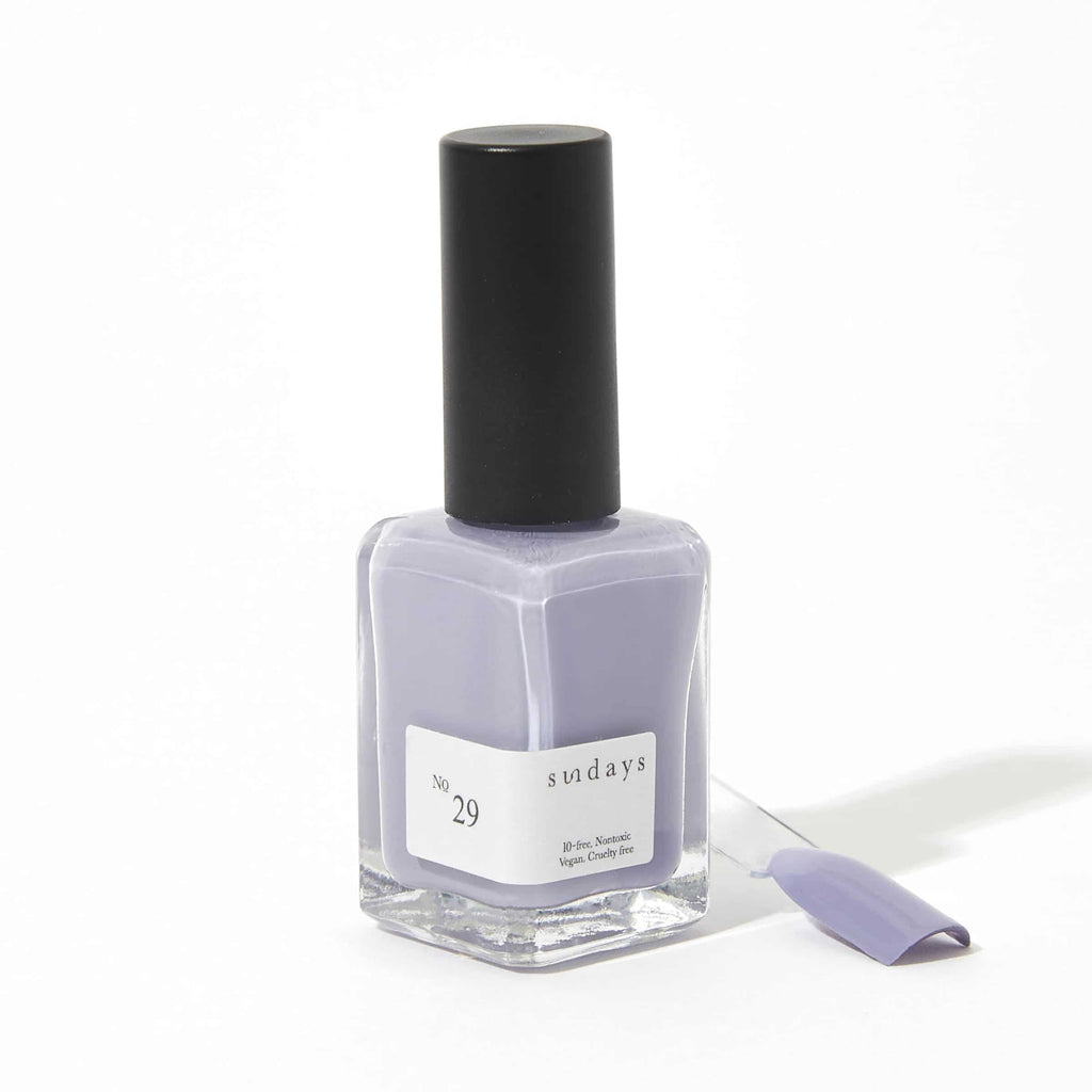 Sundays nail polish in Canada. Non-toxic, 10 free and vegan beauty. Beautiful variety of colours. Deep lavender for your next manicure., Pretty pale purple pastel.