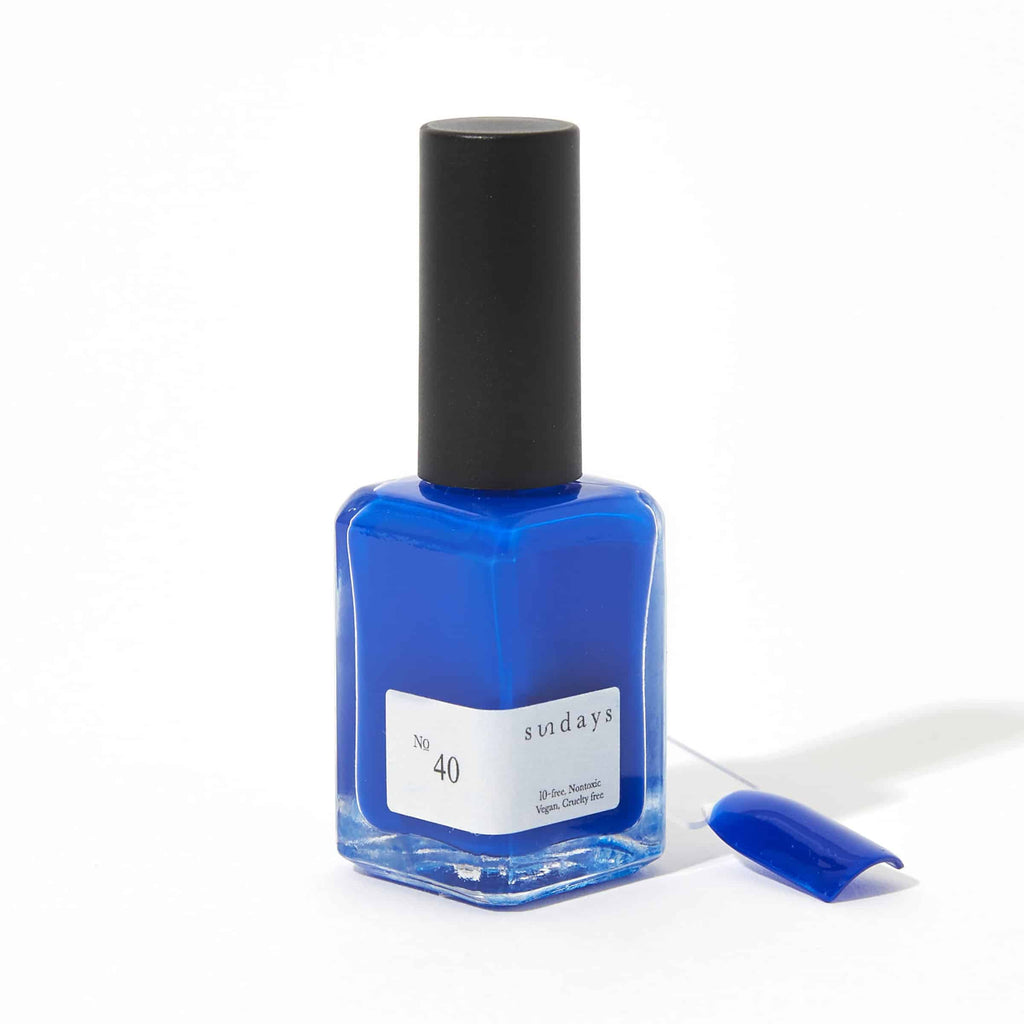 Sundays nail polish in Canada. Non-toxic, 10 free and vegan beauty. Beautiful variety of colours. This fun cobalt blue is the perfect pop of colour on your fingertips. So fun, so hip and modern for your next manicure or pedicure.