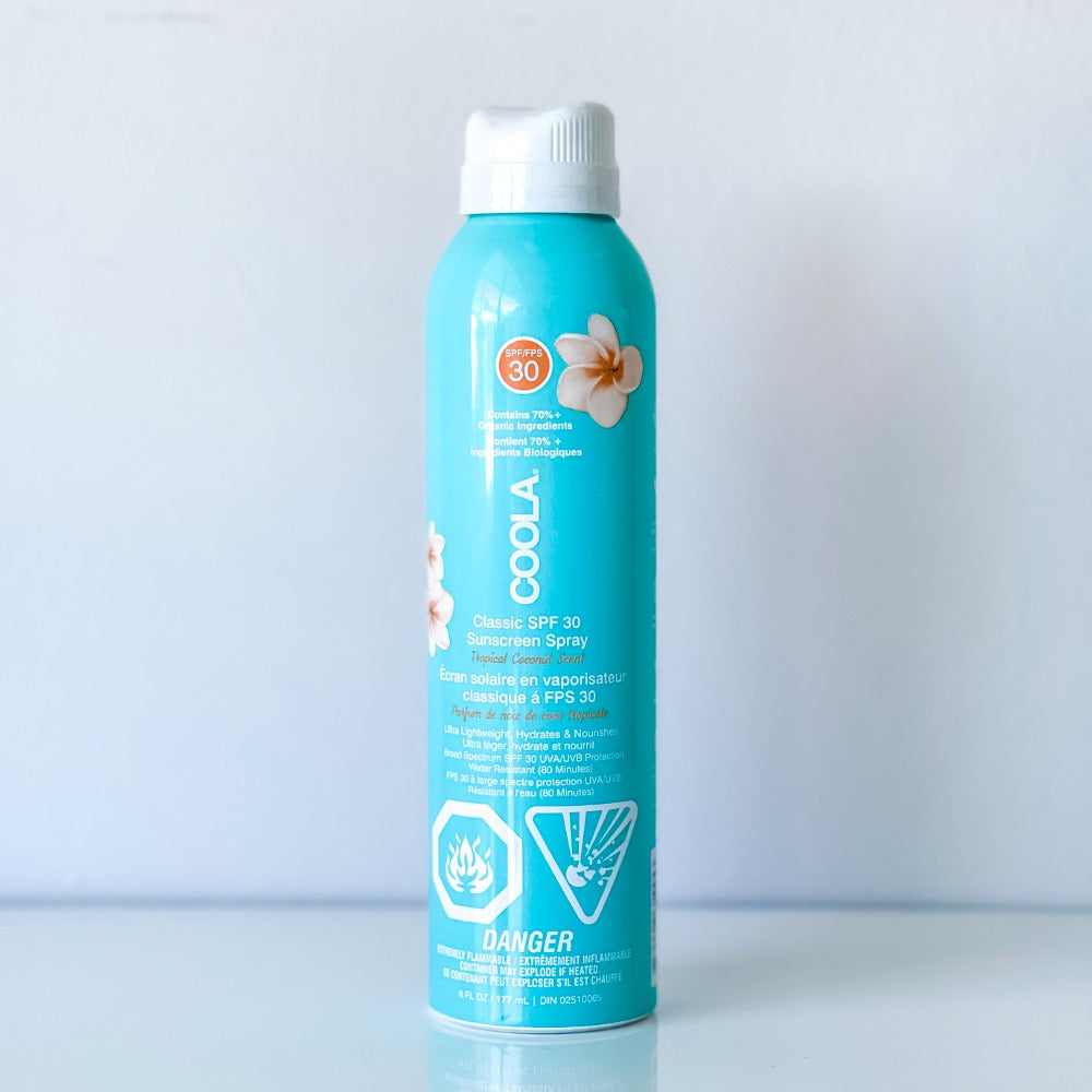 Coola Tropical Coconut Organic Sunscreen Spray SPF 30 will protect your skin from sun damage both face and body. Water resistant and vegan.