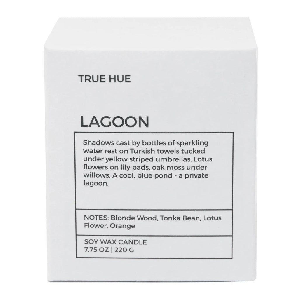 Shop True Hue Lagoon Soy Wax Candle in Canada. Shadows cast by bottles of sparkling water rest on Turkish towels tucked under yellow striped umbrellas. Lotus flowers on lily pads, oak moss under willows. A cool, blue pond - a private lagoon. This 10 oz candle is comprised of soy wax and essential oil based fragrance oils. Each candle comes complete with a premium cotton wick which burns cleanly for 50-60 hours.