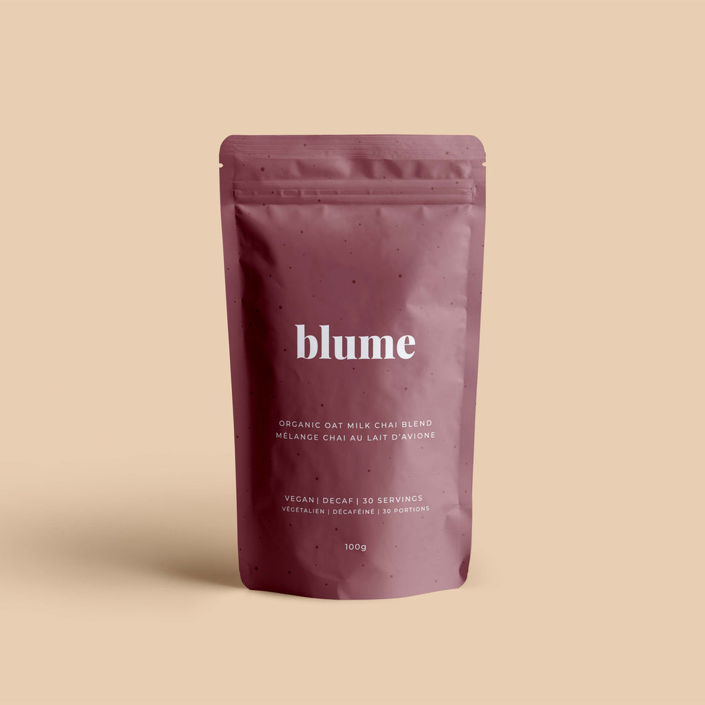 Blume Oat Milk Chai Blend. A warm cup of Chai, but make it decaf and hold the syrup. This blend of superfood spices is rich, bold, and oh-so-familiar, with a dreamy touch of oat. Sourced from co-operative organic farms in India, this blend works hot, cold, blended with coffee or in your smoothie. 