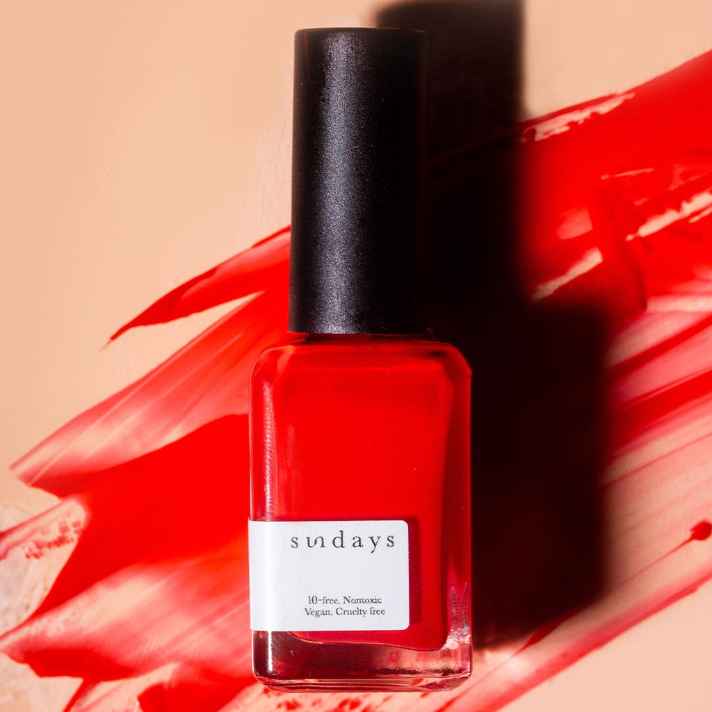 Sundays nail polish in Canada. Non-toxic, 10 free and vegan beauty. Beautiful variety of colours. Ruby red is pretty and bright and a perfect pop of colour to your fingernails.