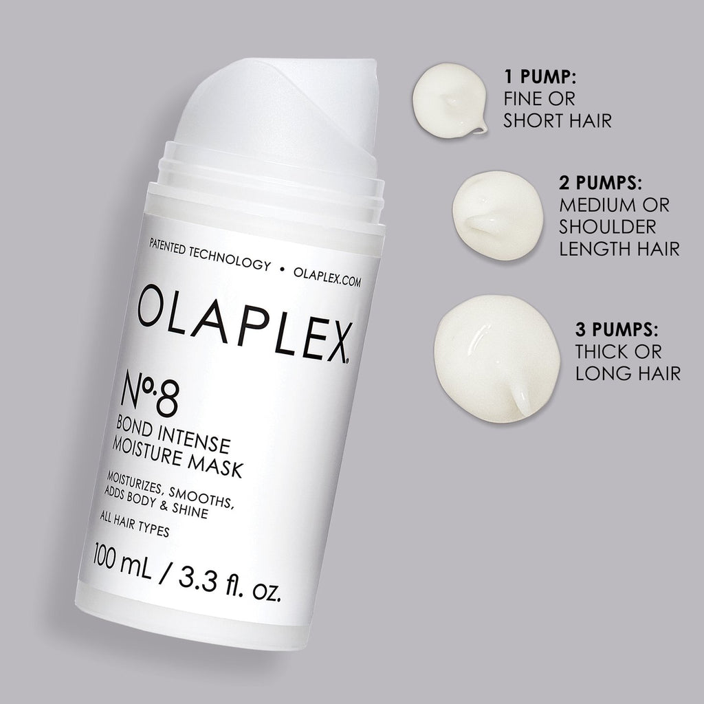 Olaplex No.8 Bond Intense Moisture Mask 3.3oz. Infused with patented OLAPLEX Bond Building technology, this highly concentrated reparative mask adds shine, smoothness & body while providing intense moisture to treat damaged hair. Repair damaged hair with this incredible treatment that will make your hair so visibly healthy, you can skip the styling.