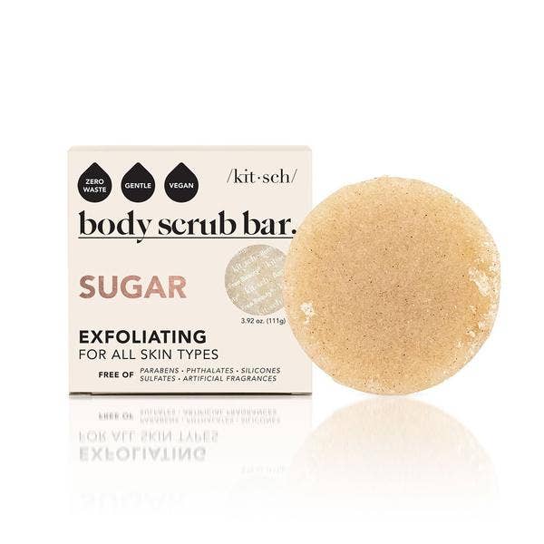Shop Kitsch Sugar Exfoliating Body Scrub Bar in Canada. The sweet aroma of warm sugar is an exquisite treat for your senses and switching to Bottle-Free bars reduces plastic consumption & supports a zero-waste lifestyle! No sulfates, parabens, or phthalates. Sugar granules and walnut shells gently exfoliate the skin.