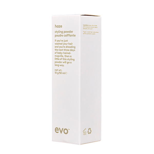 EVO Haze Styling Powder 10.1 oz. vegan / cruelty free / made without sulfates, parabens or gluten. This styling powder adds volume and texture with a matte finish. This powder creates volume with touchable texture. Product packaging offers refillable pump which reduces environmental impact and wastage.
