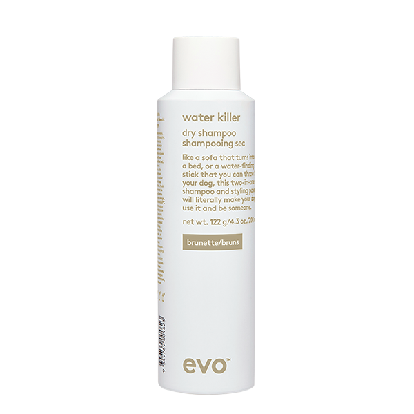 EVO Water Killer Brunette Dry Shampoo 4.3 oz. vegan / cruelty free / made without sulfates, parabens or gluten. A two-in-one dry shampoo and styling spray, to refresh the feel and smell of hair while replacing excess oil with volume and texture. This dry shampoo absorbs excess oil to restore body and bounce. creates volume with touchable texture. 