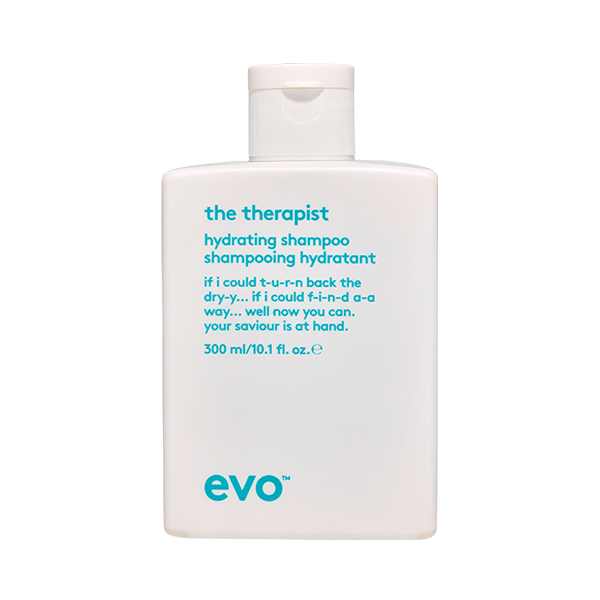 EVO The Therapist Daily Shampoo 10.1 oz. vegan / cruelty free / made without sulfates, parabens or gluten. Concept • a hydrating shampoo to cleanse, moisturise and strengthen hair. Benefits • helps add softness and shine, reduces frizz, helps detangle and improve manageability, sulfate-free cleansers’ gently clean to reduce colour fading. 
