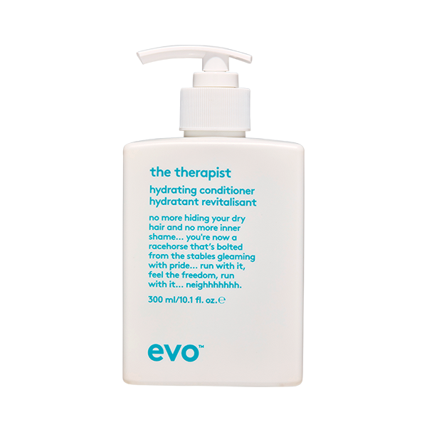 EVO The Therapist Daily Shampoo 10.1 oz. | 33.8 oz. vegan / cruelty free / made without sulfates, parabens or gluten. Concept: a hydrating conditioner to moisturise, strengthen and soften while greatly improving shine and manageability. Benefits: helps seal cuticle to prevent moisture loss and provide humidity control, adds softness and shine, while helping to detangle and improve manageability. 
