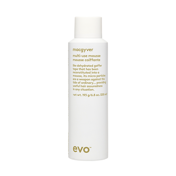 EVO Macgyver Multi-Use Mousse 6.8 oz. vegan / cruelty free / made without sulfates, parabens or gluten. This multi-purpose styling mousse that can be used with or without heat to create volume, separation and texture. This mousse adds shape memory with lasting hold for improved styling, creating volume and touchable texture which easily brushes out without leaving residue. 