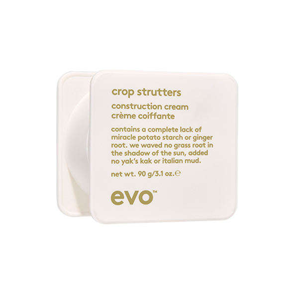 EVO Crop Stutters Construction Cream 3.1 oz. vegan / cruelty free / made without sulfates, parabens or gluten. This styling cream for medium, malleable hold, support and separation provides medium shine. This cream improves styling, definition and flexible hold. 