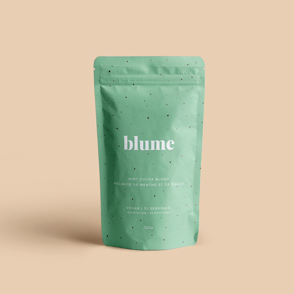 Blume Mint Cocoa Blend. Everyone’s holiday fave is a superfood! Powdered hot chocolate, formulated to soothe indigestion and support hormonal balance. Packed with peppermint, a natural pain reliever, this blend helps you ditch the headaches, digestion pain, and troublesome cramps during “that time of the month”. 