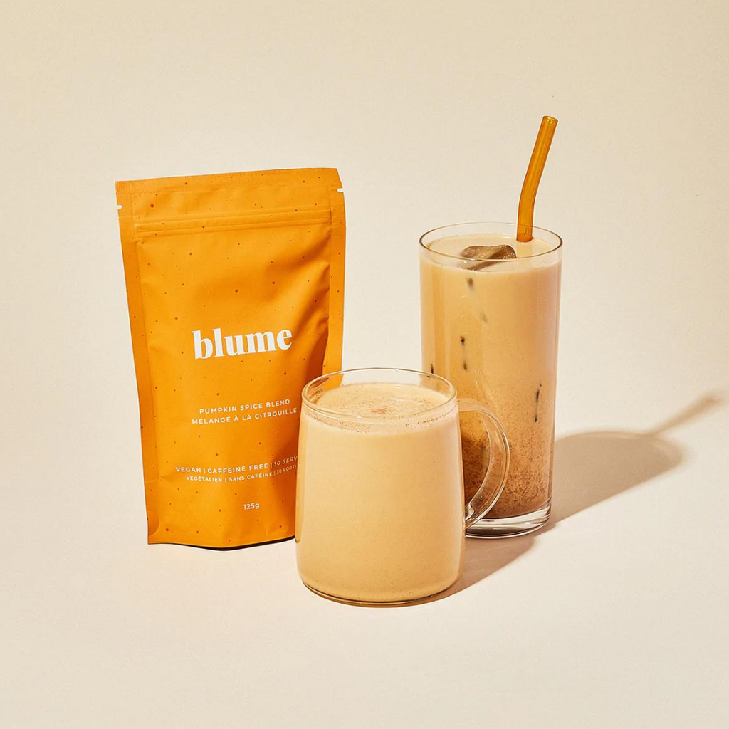 Blume Pumpkin Spice Blend 3.5oz. | 100g. Say hello to fall's best friend. A pumpkin spice blend with actual pumpkin (and no dairy)! Tastes like pumpkin pie and works perfectly with a shot of espresso. Perfect on any retail shelf or fall drink special. Boosts the immune system Caffeine-free, refined-sugar free & vegan. 
