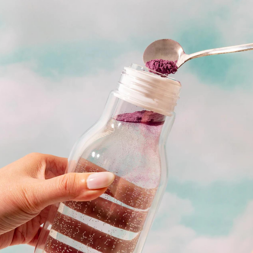 Blume Glow Up Water Elixir. DYK the gut and skin have an intimate relationship known as The Gut-Skin Axis, which refers to how issues within the gut often first present themselves on our skin. We set out to create a hydrating berry elixir that uses superfoods to keep you glowing from the inside out. 