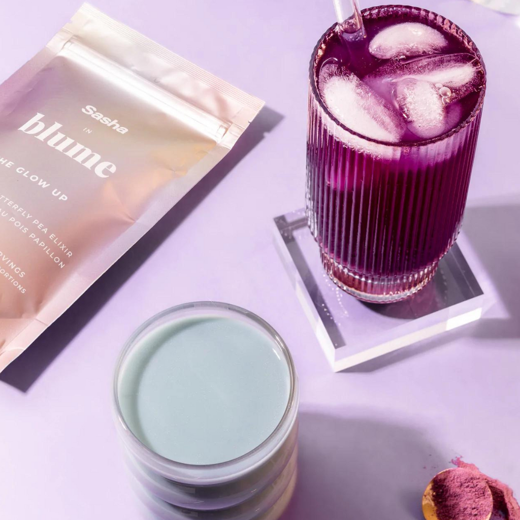 Blume Glow Up Water Elixir. DYK the gut and skin have an intimate relationship known as The Gut-Skin Axis, which refers to how issues within the gut often first present themselves on our skin. We set out to create a hydrating berry elixir that uses superfoods to keep you glowing from the inside out. 