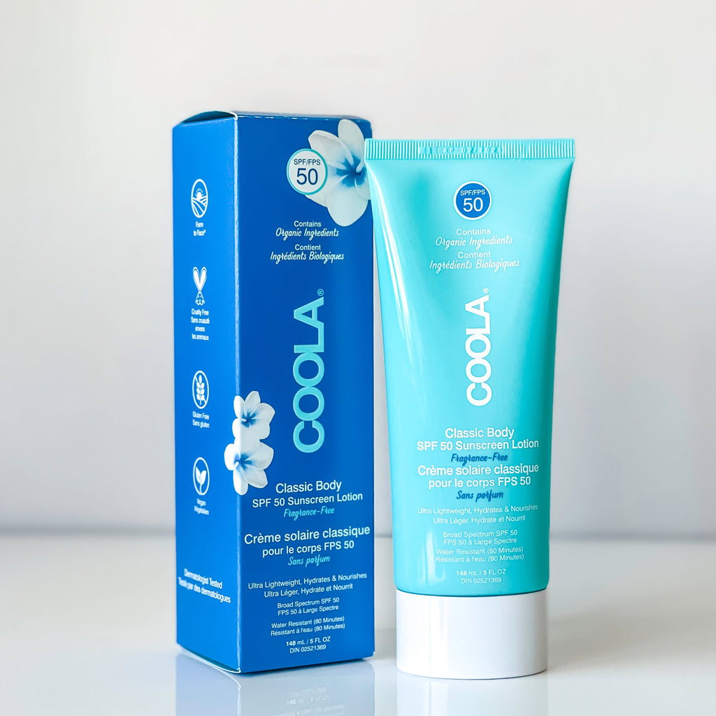 Cool Fragrance Free SPF 50 Lotion organic face & body sunscreen Canada. Designed for long days in the sun but light enough for daily use. Its broad spectrum UVA/UVB protection, antioxidant-rich moisturizing lotion has a plant-based oleosome technology that optimizes protection that's unbelievably sheer on skin.