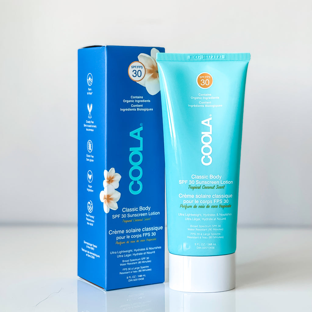 Coola Tropical Coconut SPF 50 Lotion organic face & body sunscreen Canada. Designed for long days in the sun but light enough for daily use. Its broad spectrum UVA/UVB protection, antioxidant-rich moisturizing lotion has a plant-based oleosome technology that optimizes protection that's unbelievably sheer on skin.