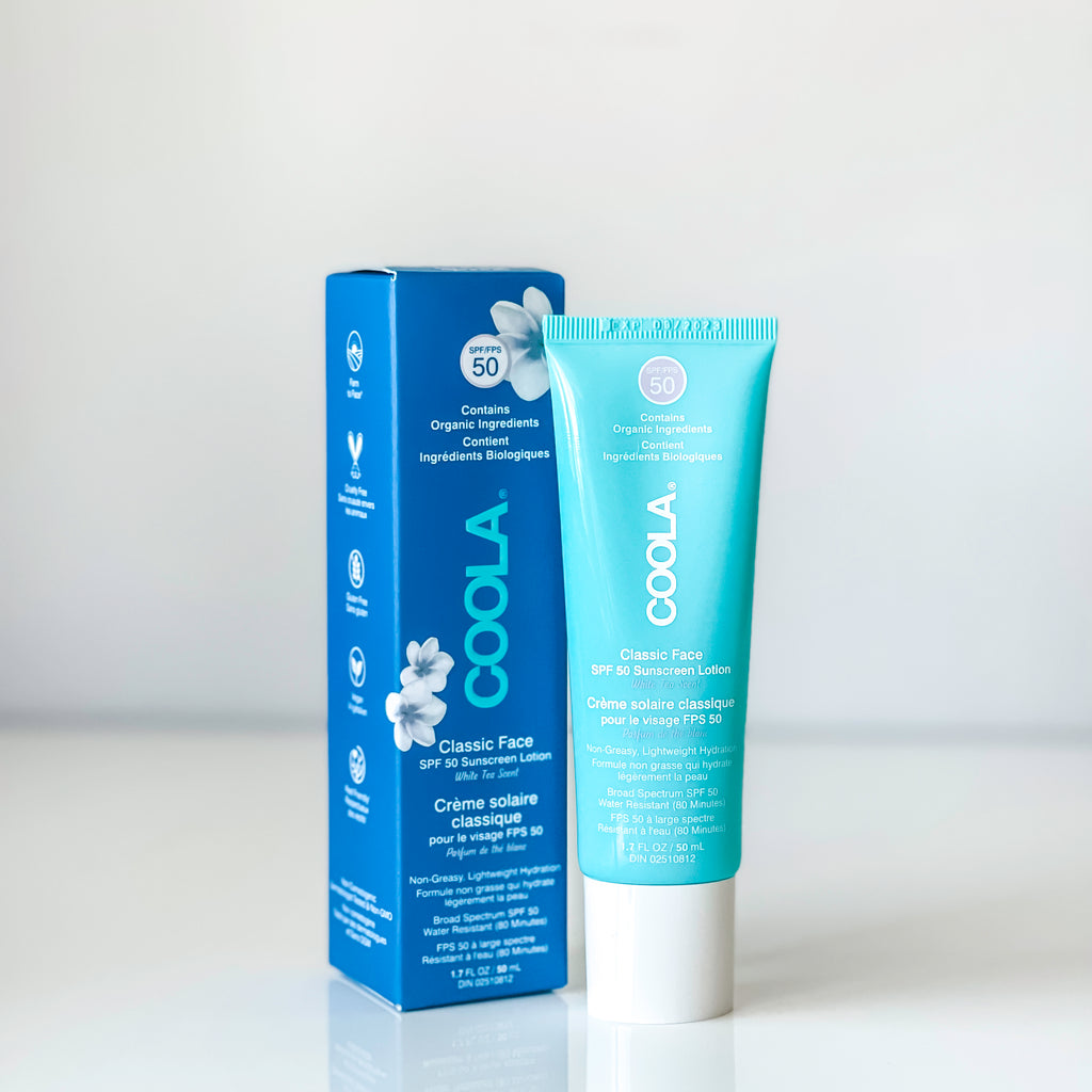 Coola White Tea Sport SPF 50 for water resistant skin protection. This organic sunscreen is made with white tea and will have you fully covered for those awesome, active moments when you're outdoors for hours. Dispense into palm of hand and apply evenly across face and neck using upward strokes.