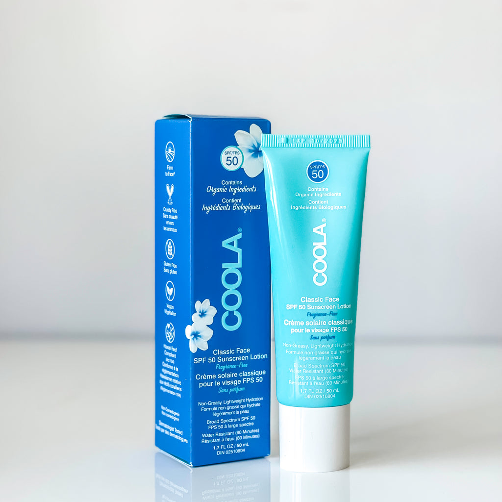Coola Classic Sport Face SPF 50 for water resistant skin protection. This organic sunscreen is made with white tea and will have you fully covered for those awesome, active moments when you're outdoors for hours. Dispense into palm of hand and apply evenly across face and neck using upward strokes.