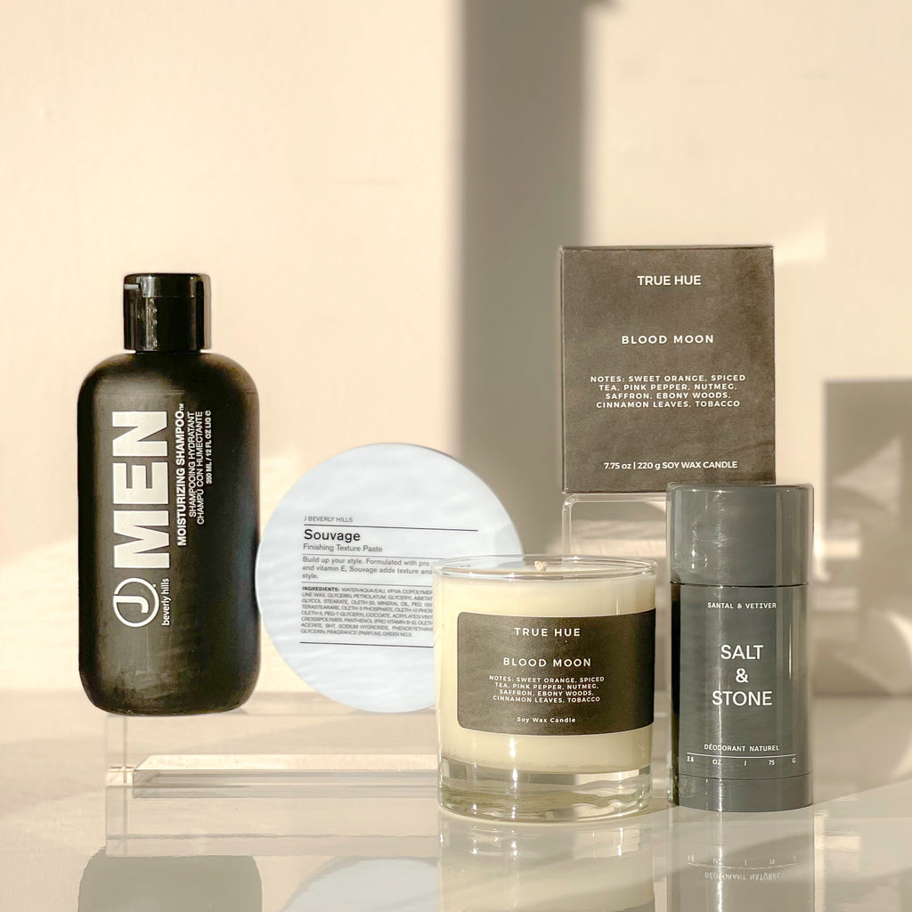 Shop our gift baskets for men. J Beverly Hills haircare, Salt & Stone deodorant and a True Hue candle. All products are cruelty-free, non-toxic, clean mens beauty. Our gift baskets are curated for the business guy who likes to have fun. Shampoo, texture paste to help mold his hair, natural deodorant and a soy candle.