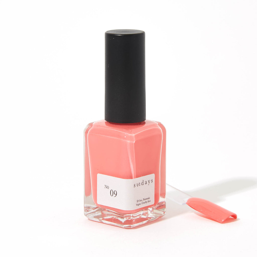 Sundays nail polish in Canada. Non-toxic, 10 free and vegan beauty. Beautiful variety of colours. Pale pink tones and hues for your fingertips. Coral pink shade with creamy flamingo hues
