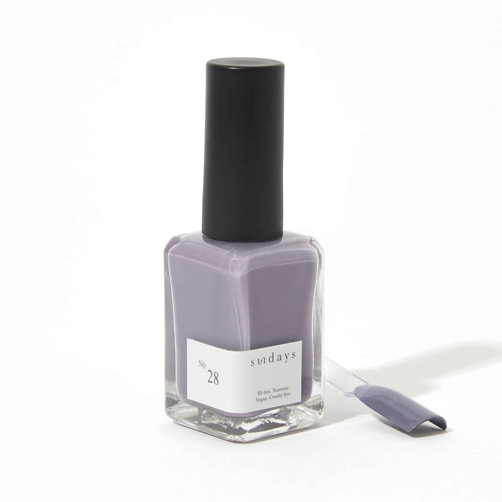 Sundays nail polish in Canada. Non-toxic, 10 free and vegan beauty. Beautiful variety of colours. Lavender grey / gray for the win. Manicure / pedicure gold. It's a beautiful rich pigment that lasts for days and goes on evenly. Pretty for spring, summer, fall or winter!