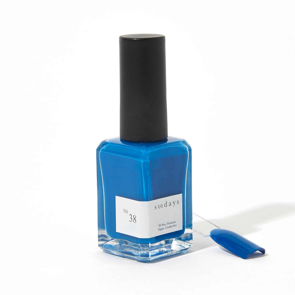 Sundays nail polish in Canada. Non-toxic, 10 free and vegan beauty. Beautiful variety of colours. Medium blue is actually a rich deep blue with aqua tones. It's verging on cobalt but such a pretty colour for your next manicure or pedicure.