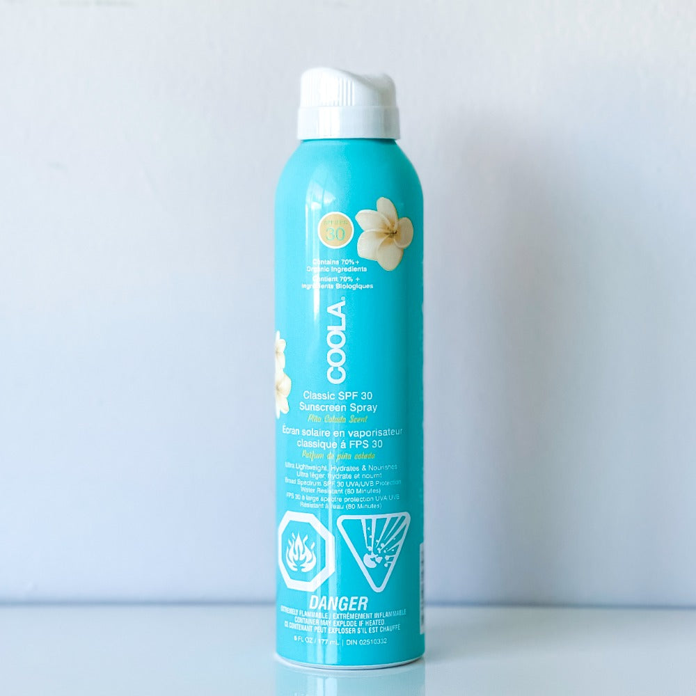 Coola Pina Colada Organic Sunscreen Spray SPF 30 will protect your skin from sun damage both face and body. Water resistant and vegan.