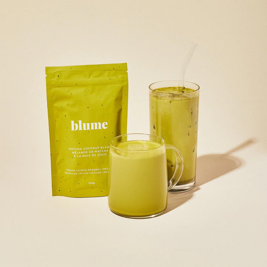 Blume Matcha Coconut Blend 100g. Perk up and stay steady with our stone ground, hand-picked matcha. Organically grown and sourced from the Nishio region of Japan. Our matcha has half the caffeine of a brewed coffee, and none of the crashes. A great introduction to matcha and simple addition to your breakfast smoothie.