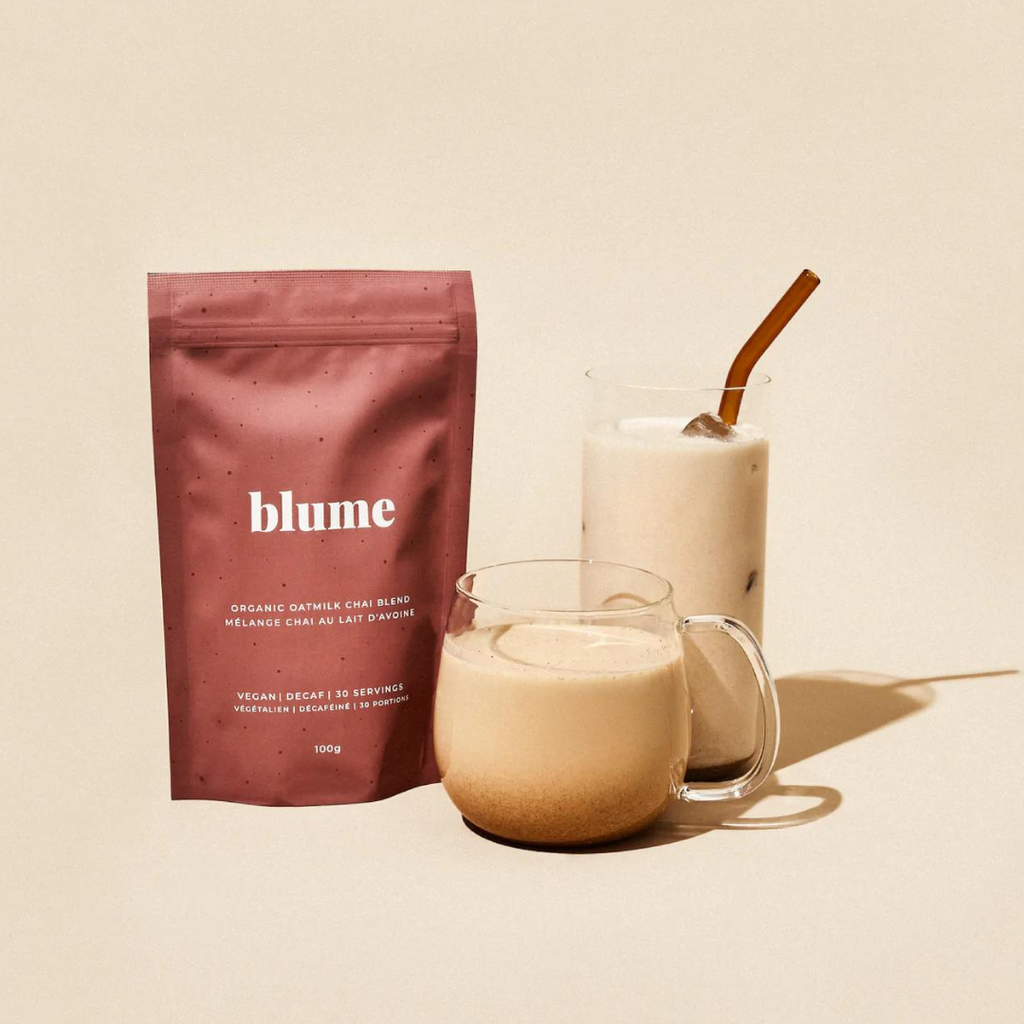 Blume Oat Milk Chai Blend. A warm cup of Chai, but make it decaf and hold the syrup. This blend of superfood spices is rich, bold, and oh-so-familiar, with a dreamy touch of oat. Sourced from co-operative organic farms in India, this blend works hot, cold, blended with coffee or in your smoothie. 