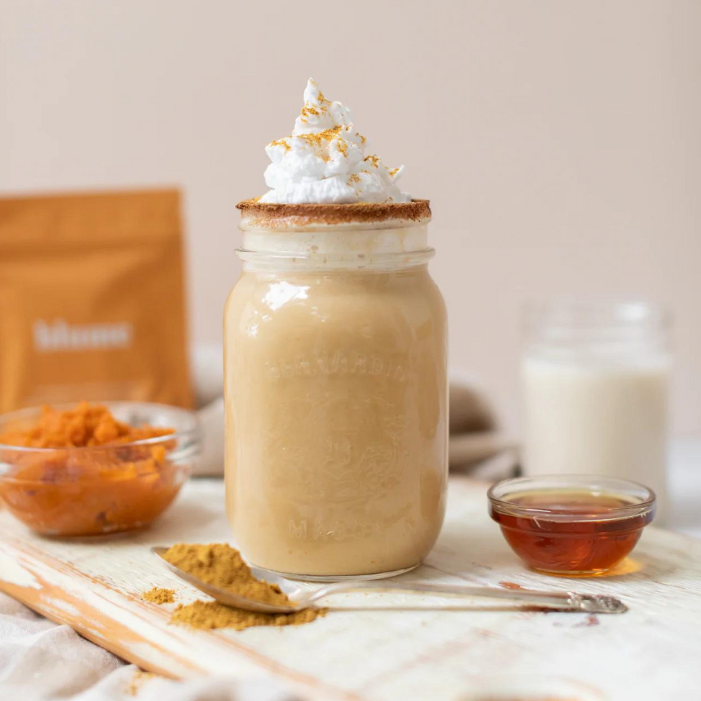 Blume Pumpkin Spice Blend 3.5oz. | 100g. Say hello to fall's best friend. A pumpkin spice blend with actual pumpkin (and no dairy)! Tastes like pumpkin pie and works perfectly with a shot of espresso. Perfect on any retail shelf or fall drink special. Boosts the immune system Caffeine-free, refined-sugar free & vegan. 