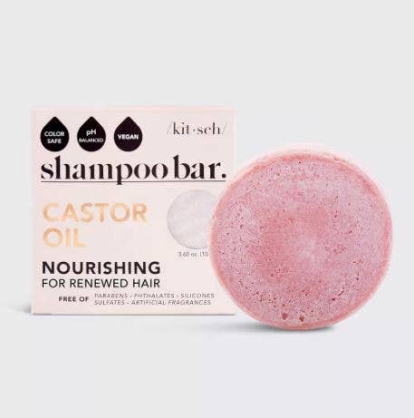 Castor Oil Nourishing Shampoo Bar. Kitch's Castor Oil Shampoo cleans your hair while replenishing essential moisture back into your strands for smooth, silky results! Moisturizing castor oil hydrates and soothes your locks, increasing follicle health and decreasing the chance of breakage, damage, and hair loss. 
