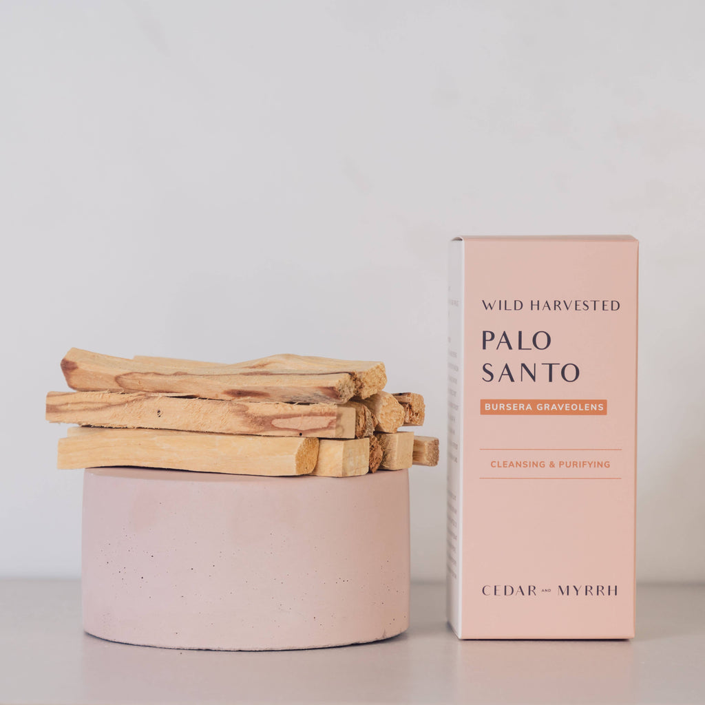 Cedar & Myrrh Palo Santo Bursera Graveolens. Wild Harvested Palo Santo Cleansing & Purifying. It is also known as the Holy Wood which has been used by Indigenous and Andean healers in sacred rituals to purify, attract positive energy, and bring peace. Scented with Pine, Mint, Lemon, Fireplace, Sweet. Palo Santo 