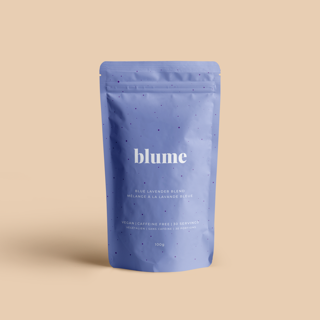 Blume Blue Lavender Blend 3.5oz. | 100g. Calming wellness and anti-anxiety benefits. Lavender, coconut milk, and blue spirulina make this blend balanced, calming and smooth. Makes soft blue lattes that are so relaxing and for anyone who likes lavender, and a gently floral and subtly sweet blend with a hint of coconut. 