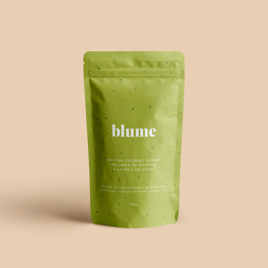 Blume Matcha Coconut Blend 100g. Perk up and stay steady with our stone ground, hand-picked matcha. Organically grown and sourced from the Nishio region of Japan. Our matcha has half the caffeine of a brewed coffee, and none of the crashes. A great introduction to matcha and simple addition to your breakfast smoothie.