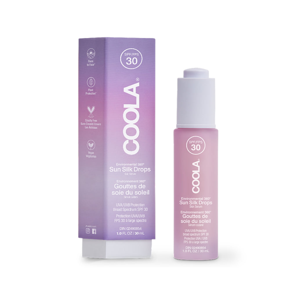 Coola Organic Silk Sun Drops with an SPF 30 built in for shimmering skin. 