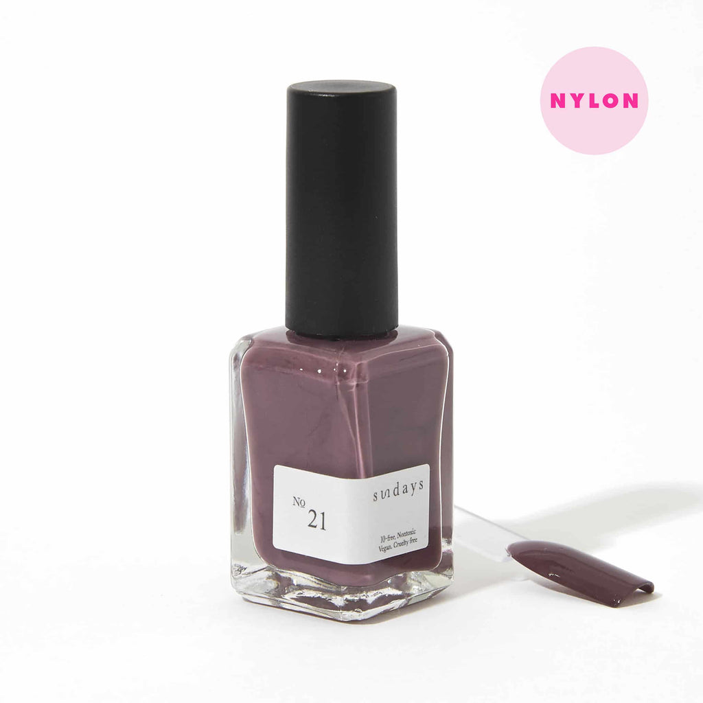 Sundays nail polish in Canada. Non-toxic, 10 free and vegan beauty. Beautiful variety of colours. A cool but warm purple grey for fall. We love this colour for your fingertips and it makes the perfect manicure.