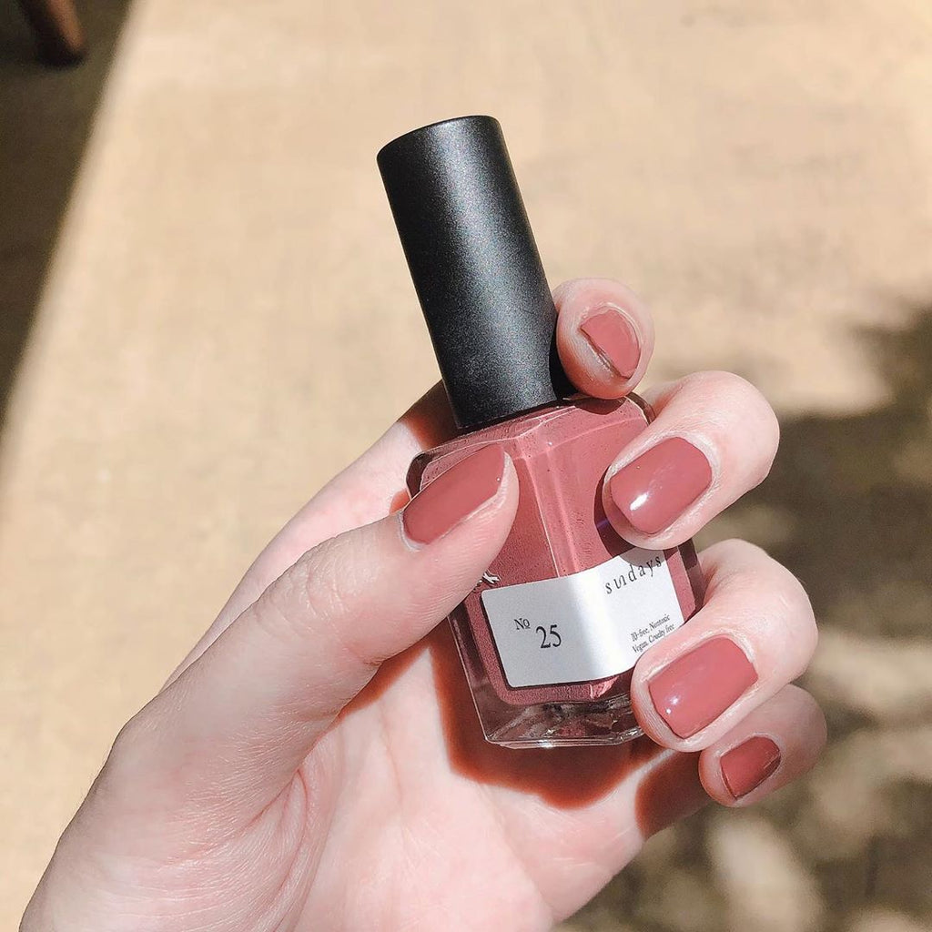 Sundays nail polish in Canada. Non-toxic, 10 free and vegan beauty. Beautiful variety of colours. Love this baked clay colour for your fingertips. So pretty yet rich and creamy. Perfect for your next manicure or pedicure